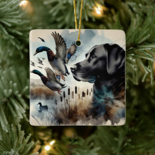 Waterverf zwarte labrador en eenden keramisch ornament