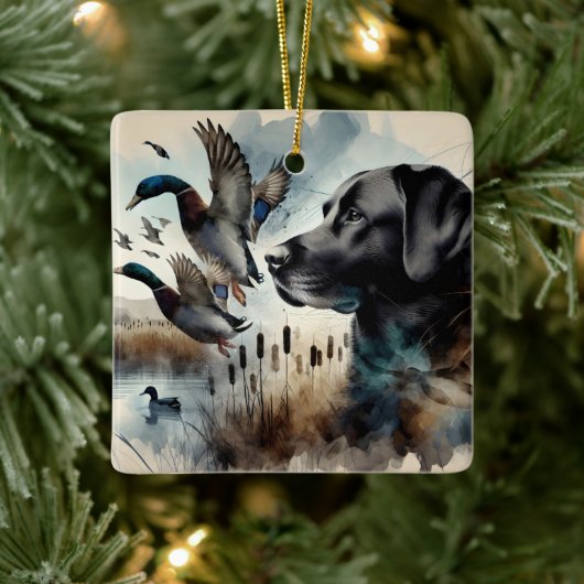 Waterverf zwarte labrador en eenden keramisch ornament (Boom)
