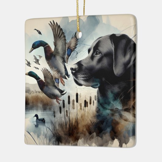 Waterverf zwarte labrador en eenden keramisch ornament (Links)