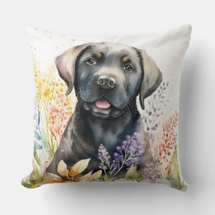 Waterverf Zwarte Labrador Retriever en Bloemen Kussen