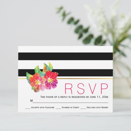 Waterverf zwarte witte strepen bruiloft RSVP (Staand voorkant)