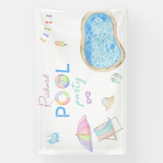 Waterverf zwembad verjaardagsfeestje zwembad zwemm spandoek (Verticaal)