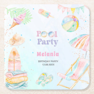     Waterverf zwembadfeest verjaardag zomer Papier Kartonnen Onderzetters