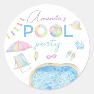 Waterverf zwembadfeestje verjaardag kinderen ronde sticker