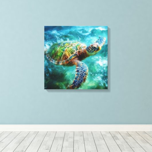 Waterverf Zwemmen Zee Schildpad Canvas Afdruk (Insitu (Houten vloer))