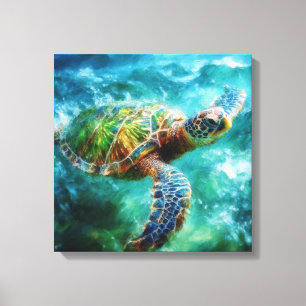 Waterverf Zwemmen Zee Schildpad Canvas Afdruk