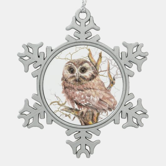 Waterverf Zww Whet Owl Bird Natuur Art Tin Sneeuwvlok Ornament (Voorkant)