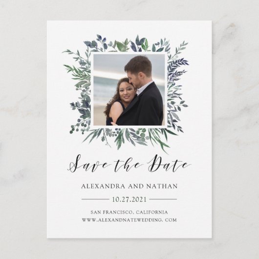 Waterverfblad | Save the Date met foto Aankondigingskaart (Voorkant)