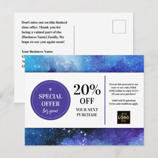 Waterverfcoupon Korting Bedrukt Blauw Paars Briefkaart (Voorkant / Achterkant)