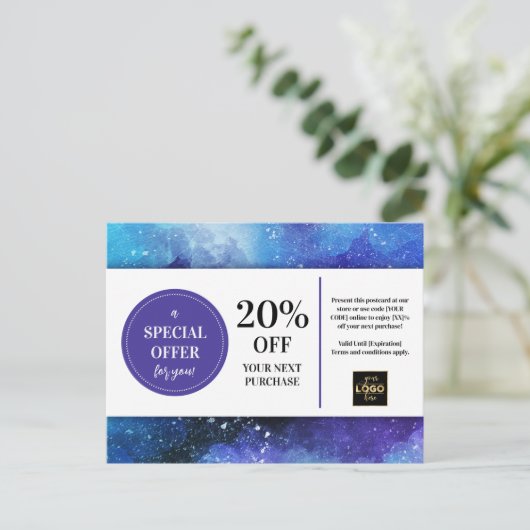 Waterverfcoupon Korting Bedrukt Blauw Paars Briefkaart (Staand voorkant)