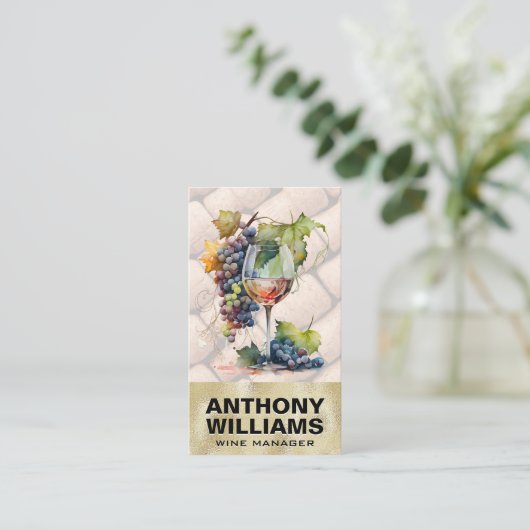 Waterverfglas met wijn druiven | Kurken Visitekaartje (Staand voorkant)
