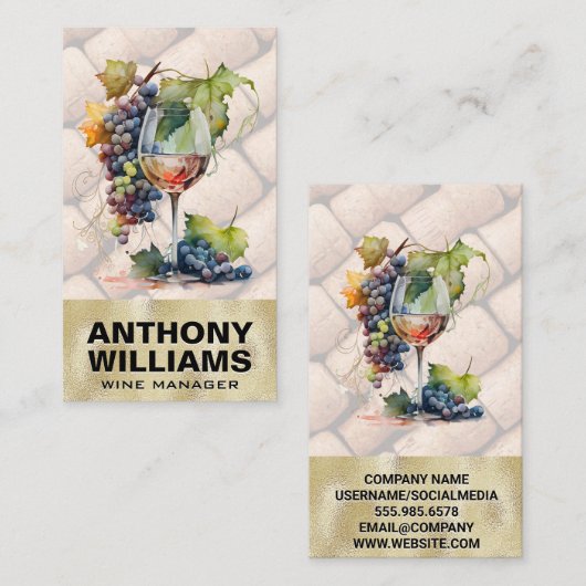 Waterverfglas met wijn druiven | Kurken Visitekaartje (Voorkant / Achterkant)
