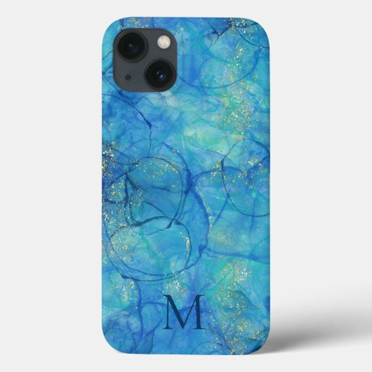 Waterverfinkt blauw & goud + monogram Case-Mate iPhone case (Achterkant)