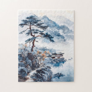 Waterverfinkt van Chinees landschap op een meer Legpuzzel