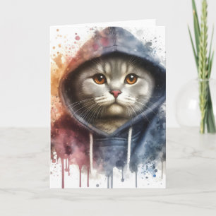 Waterverfkat in blauwe hoodie spat kunst blanco kaart