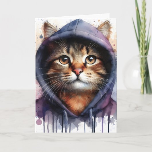 Waterverfkat in blauwe paarse hoodie spatblank kaart (Voorkant)