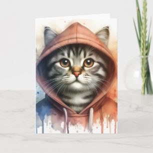 Waterverfkat in kleurrijke hoodie spat kunst blanc kaart