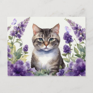 Waterverfkat met lavendelbloemen briefkaart