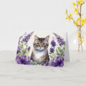 Waterverfkat met lavendelbloemen  kaart (Gele Bloem)