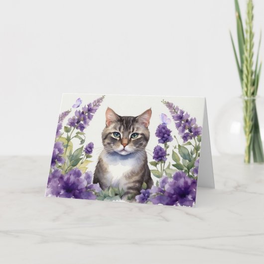Waterverfkat met lavendelbloemen  kaart (Voorkant)