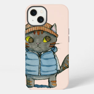 Waterverfkat met muts en donsvest iPhone 13 hoesje