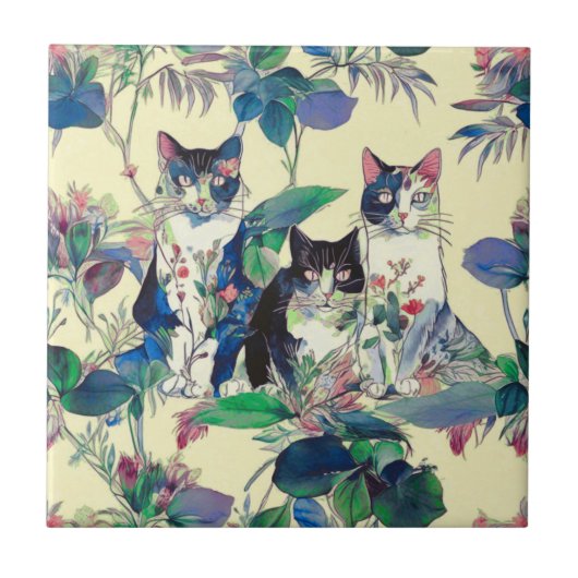Waterverfkatten in een tuin tegeltje (Voorkant)