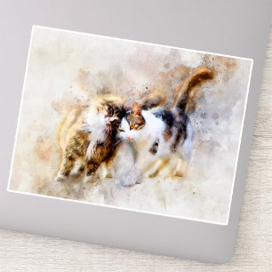 Waterverfkatten Knuffelen in Zachte Abstracte Kuns Sticker