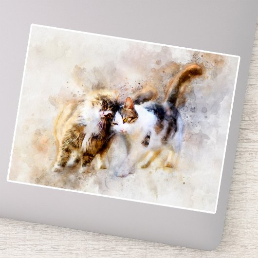 Waterverfkatten Knuffelen in Zachte Abstracte Kuns Sticker