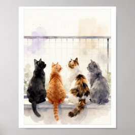 Waterverfkatten op balkon – Muurkunst voor kattenl Poster