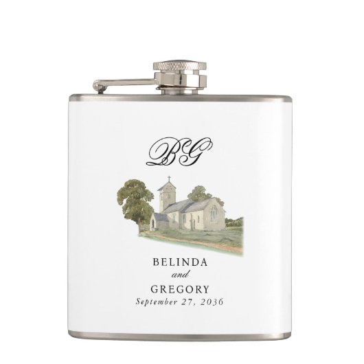 Waterverfkerk Traditioneel Monogram Huwelijk Heupfles (Voorkant)
