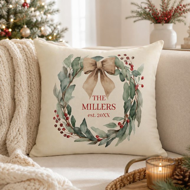 Waterverfkrans Vintage Kerstmis Kussen (Watercolor Wreath with Bow Custom Name and Established Date Christmas Pillow)