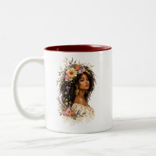 Waterverfmok met bloemenkroon en krullend haar voo tweekleurige koffiemok