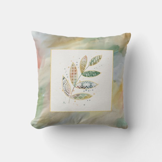 Waterverfpatroon Bladeren Monogram Kussen (Voorkant)