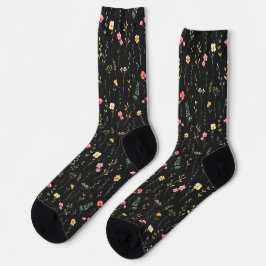Waterverfpatroon van wilde bloemen op zwart sokken
