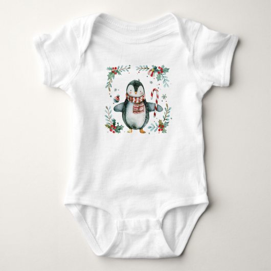 Waterverfpinguïn met Kerststok Kerst Outfit Romper (Voorkant)