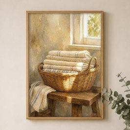 Waterverfposter met rieten mand met linnengoed poster