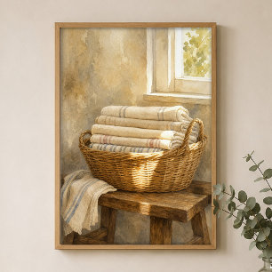 Waterverfposter met rieten mand met linnengoed poster