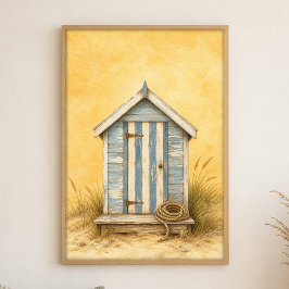 Waterverfposter Strandhut Met Gestreepte Deur Poster