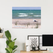 Waterverfprint van Strand met Meeuw Poster (Thuiskantoor)