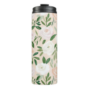 Waterverfrozen en botanisch groen in blosroze tint thermosbeker