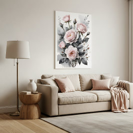 Waterverfschilderij met roze rozen poster