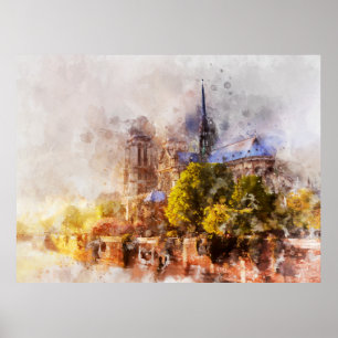 Waterverfschilderij Notre Dame-kathedraal Zonsopga Poster