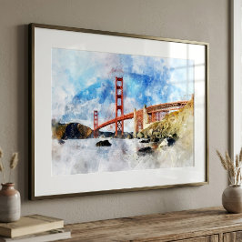 Waterverfschilderij van de Golden Gate Bridge in S Foto Afdruk