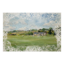 Waterverfschilderij van dorpscricket onder Yorkshi