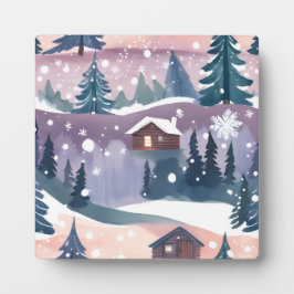 Waterverfschilderij van een berghut in de sneeuw fotoplaat