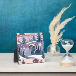 Waterverfschilderij van een berghut in de sneeuw fotoplaat