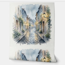 Waterverfschilderij van een Europese klinkerstraat