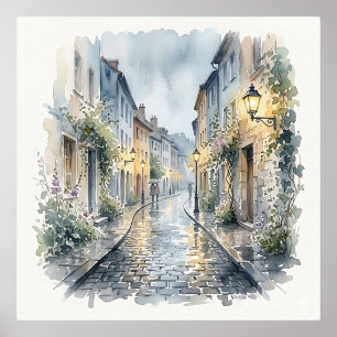 Waterverfschilderij van een Europese klinkerstraat Folie Afdrukken