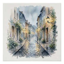 Waterverfschilderij van een Europese klinkerstraat