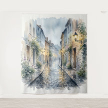 Waterverfschilderij van een Europese klinkerstraat
